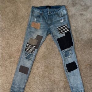 AMIRI Slim Fit Patchwork Jeans - Blue and Black